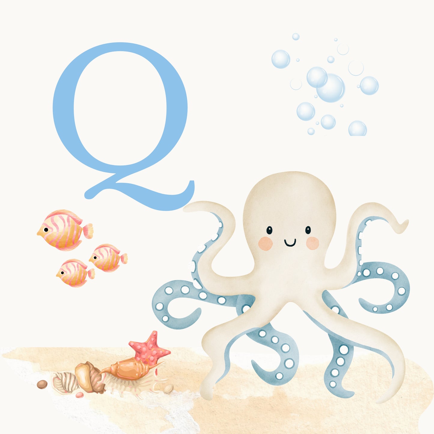 Octopus Coastal Alphabet Printable Art - Blue