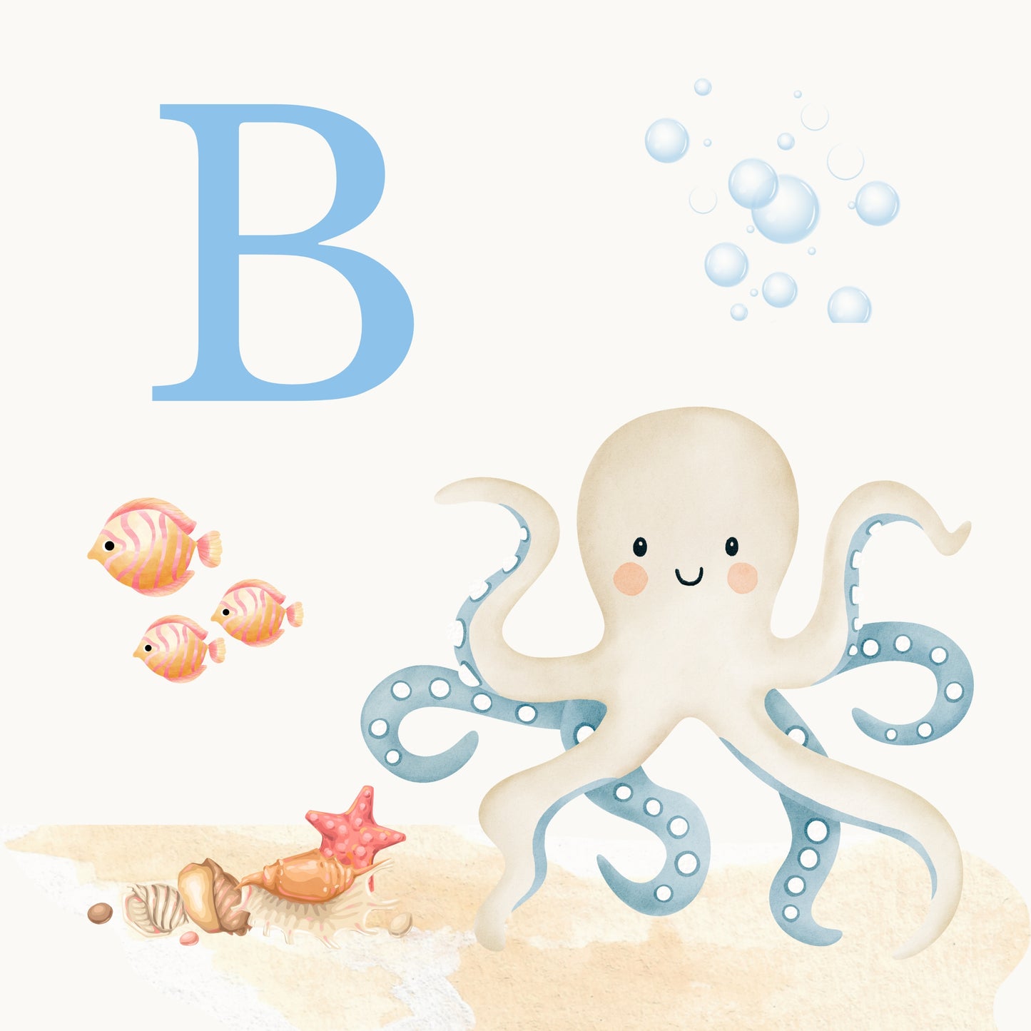 Octopus Coastal Alphabet Printable Art - Blue
