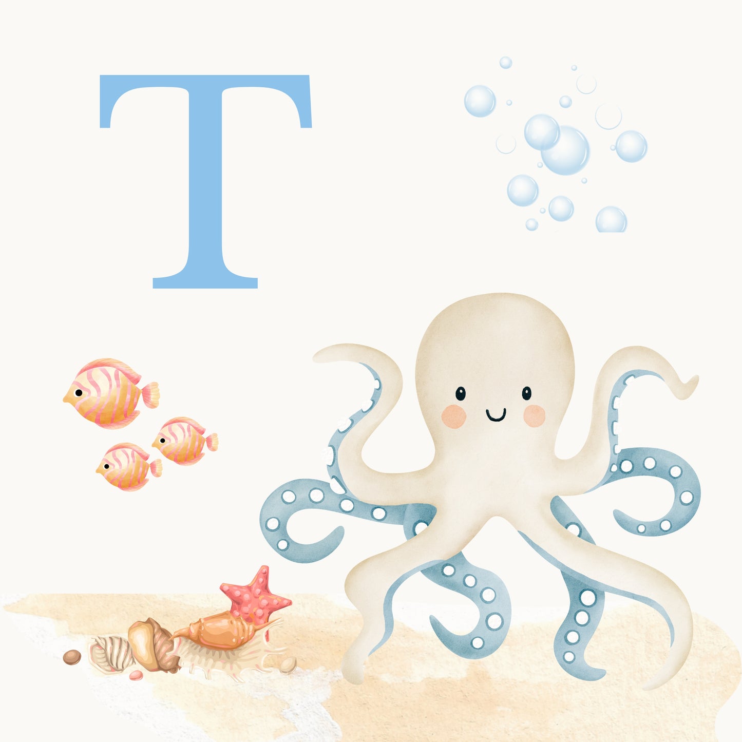 Octopus Coastal Alphabet Printable Art - Blue