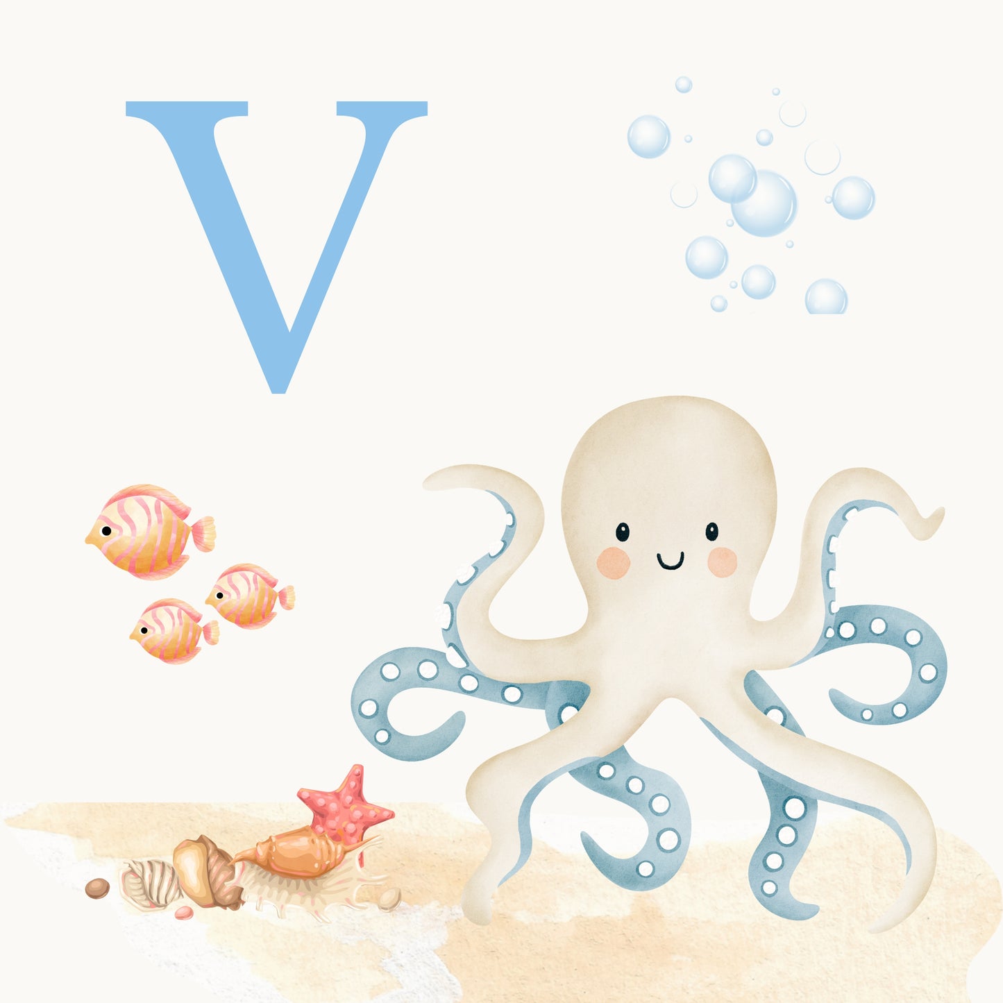 Octopus Coastal Alphabet Printable Art - Blue