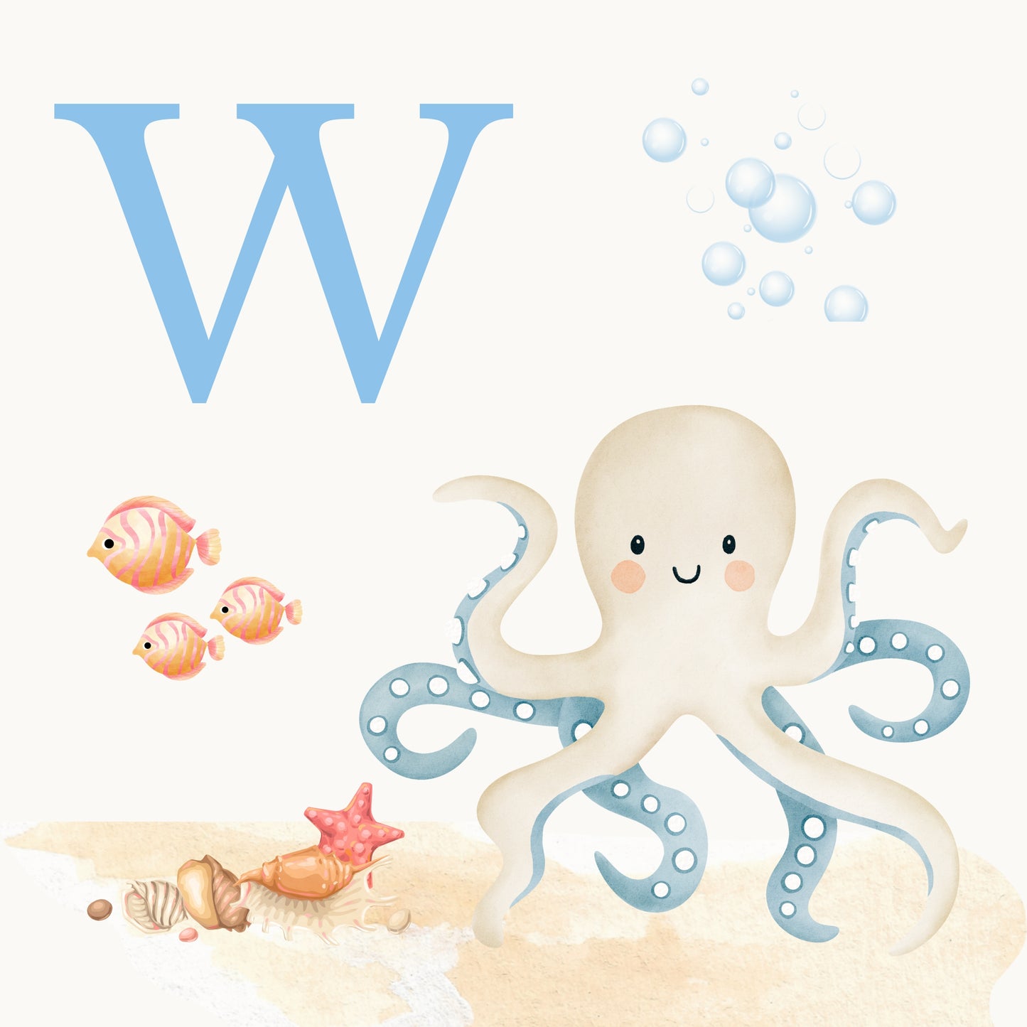 Octopus Coastal Alphabet Printable Art - Blue