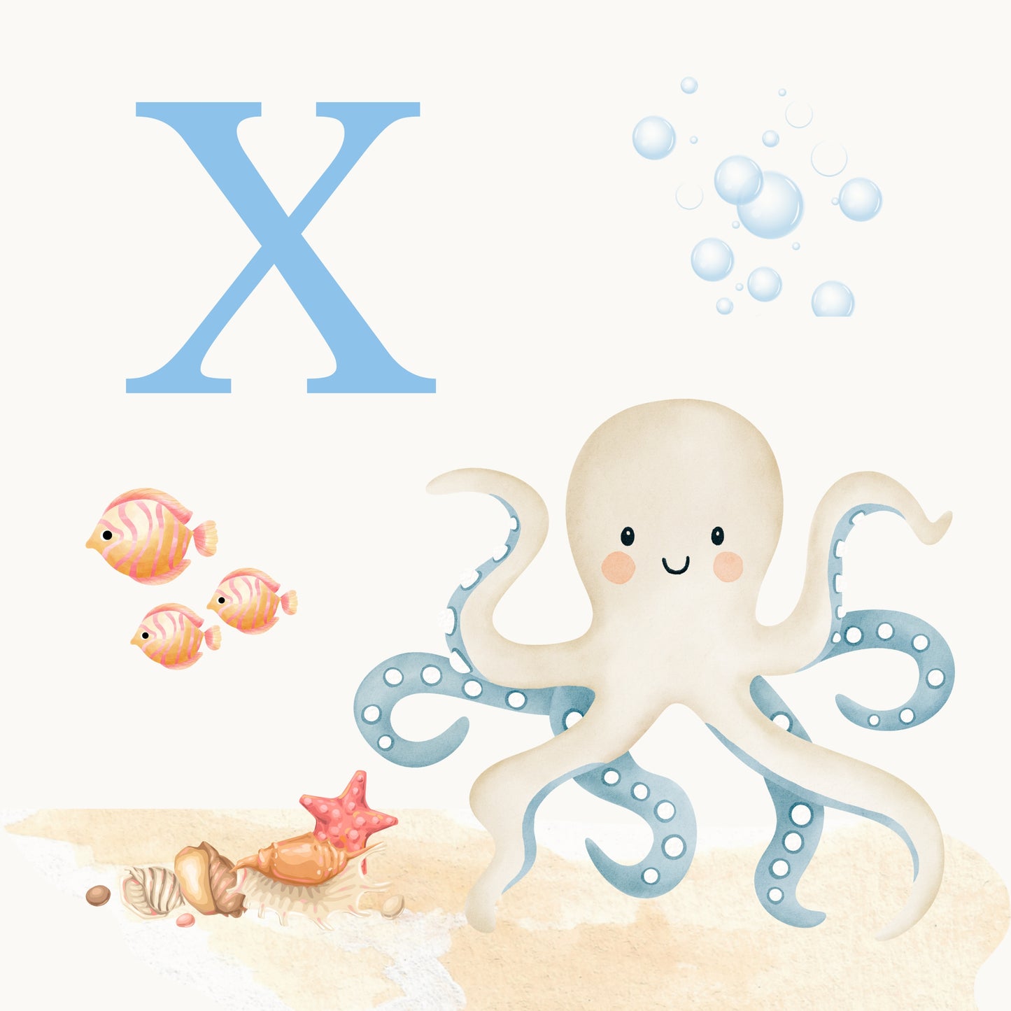 Octopus Coastal Alphabet Printable Art - Blue