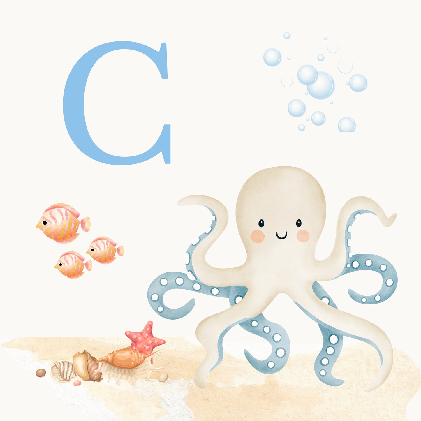 Octopus Coastal Alphabet Printable Art - Blue