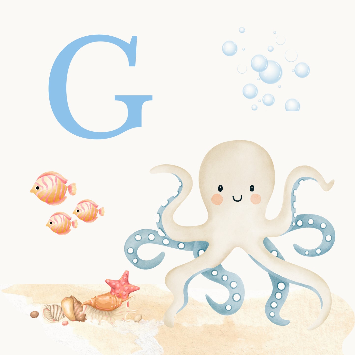 Octopus Coastal Alphabet Printable Art - Blue