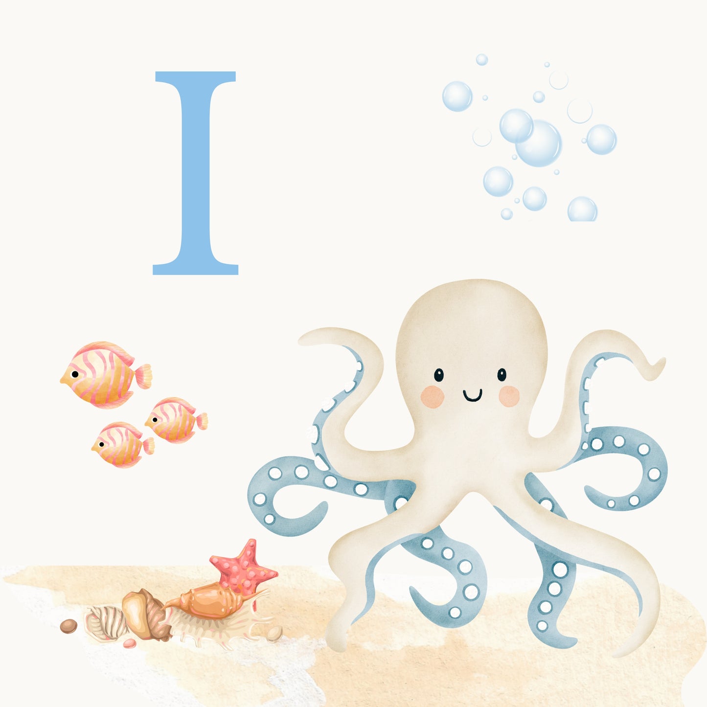 Octopus Coastal Alphabet Printable Art - Blue