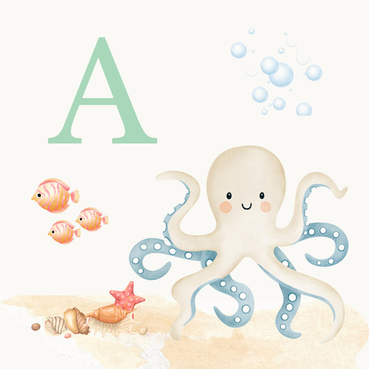 Octopus Coastal Alphabet Printable Art - Green