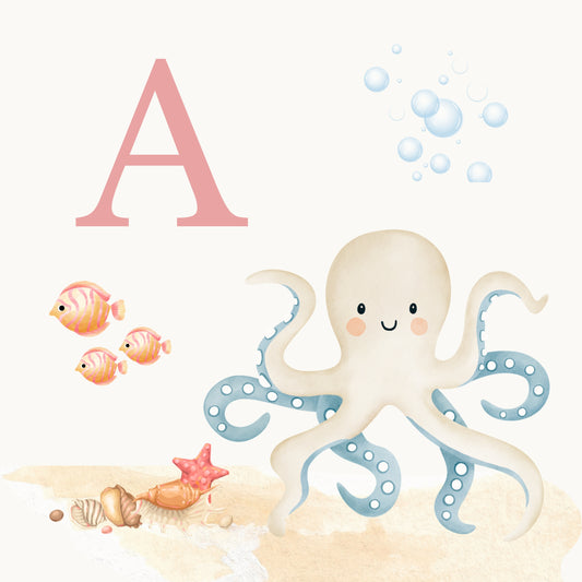 Octopus Coastal Alphabet Printable Art - Pink