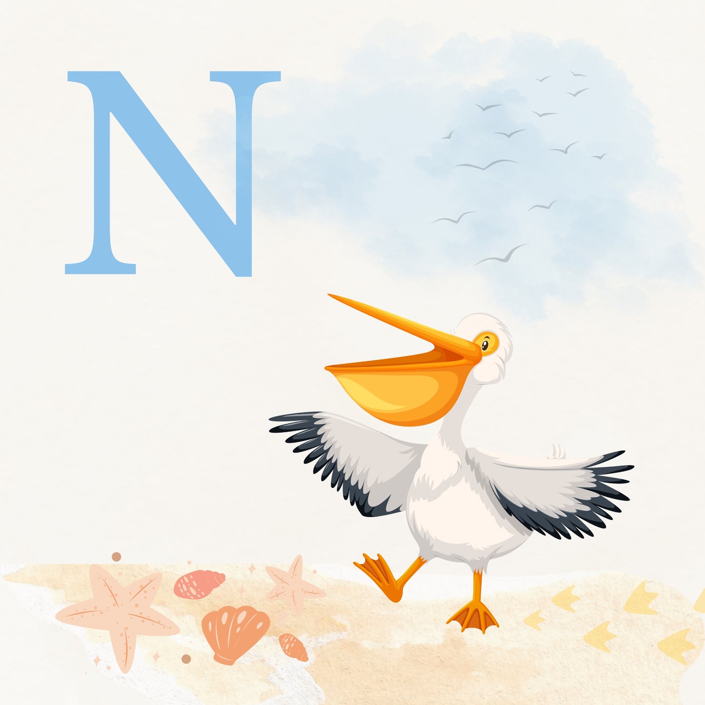 Pelican Coastal Alphabet Printable Art - Blue