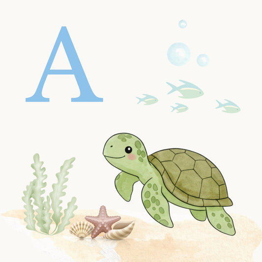Sea Turtle Coastal Alphabet Printable Art - Blue