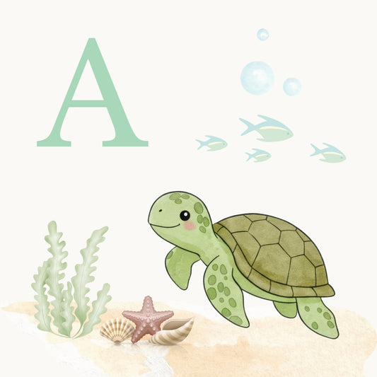 Sea Turtle Coastal Alphabet Printable Art - Green