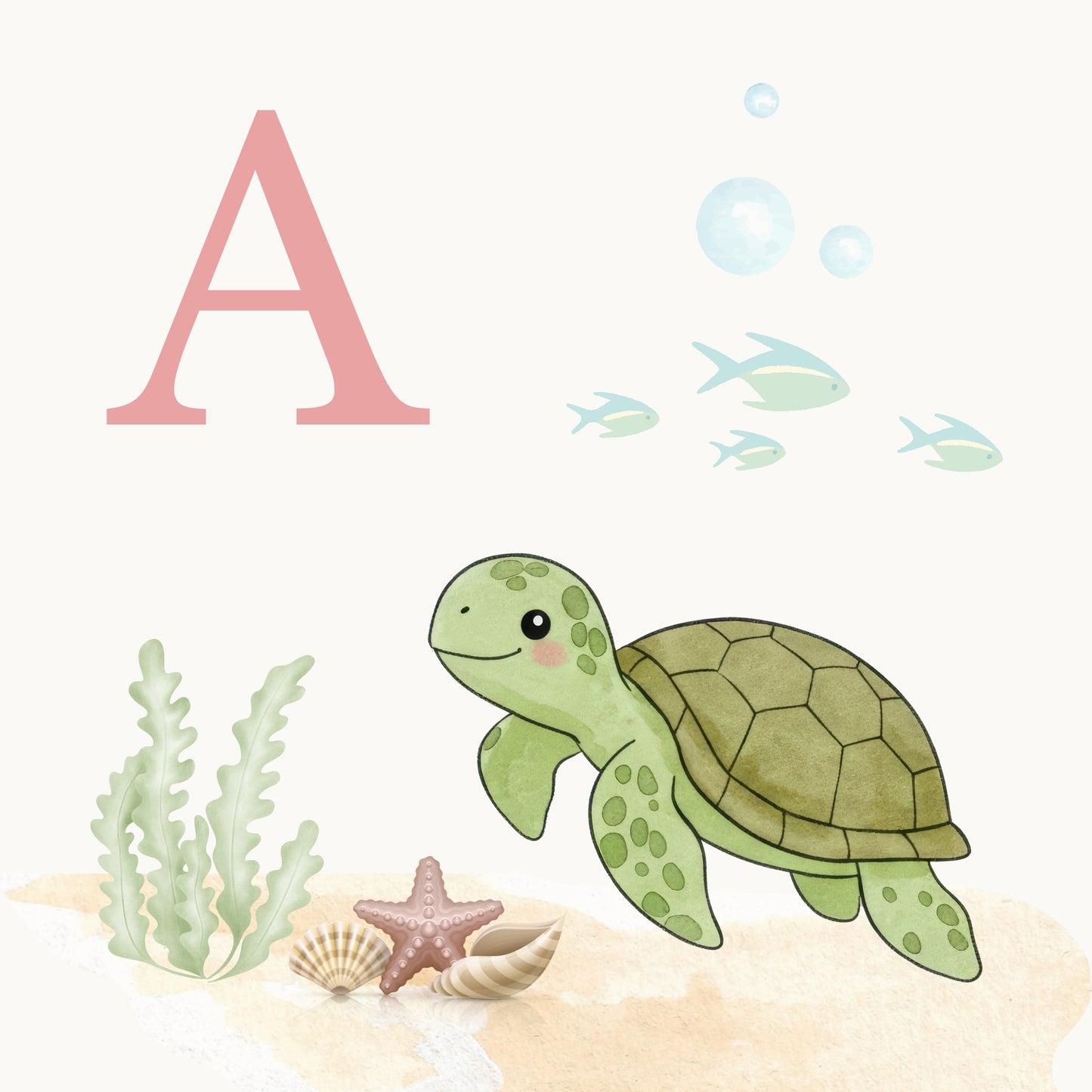 Sea Turtle Coastal Alphabet Printable Art - Pink