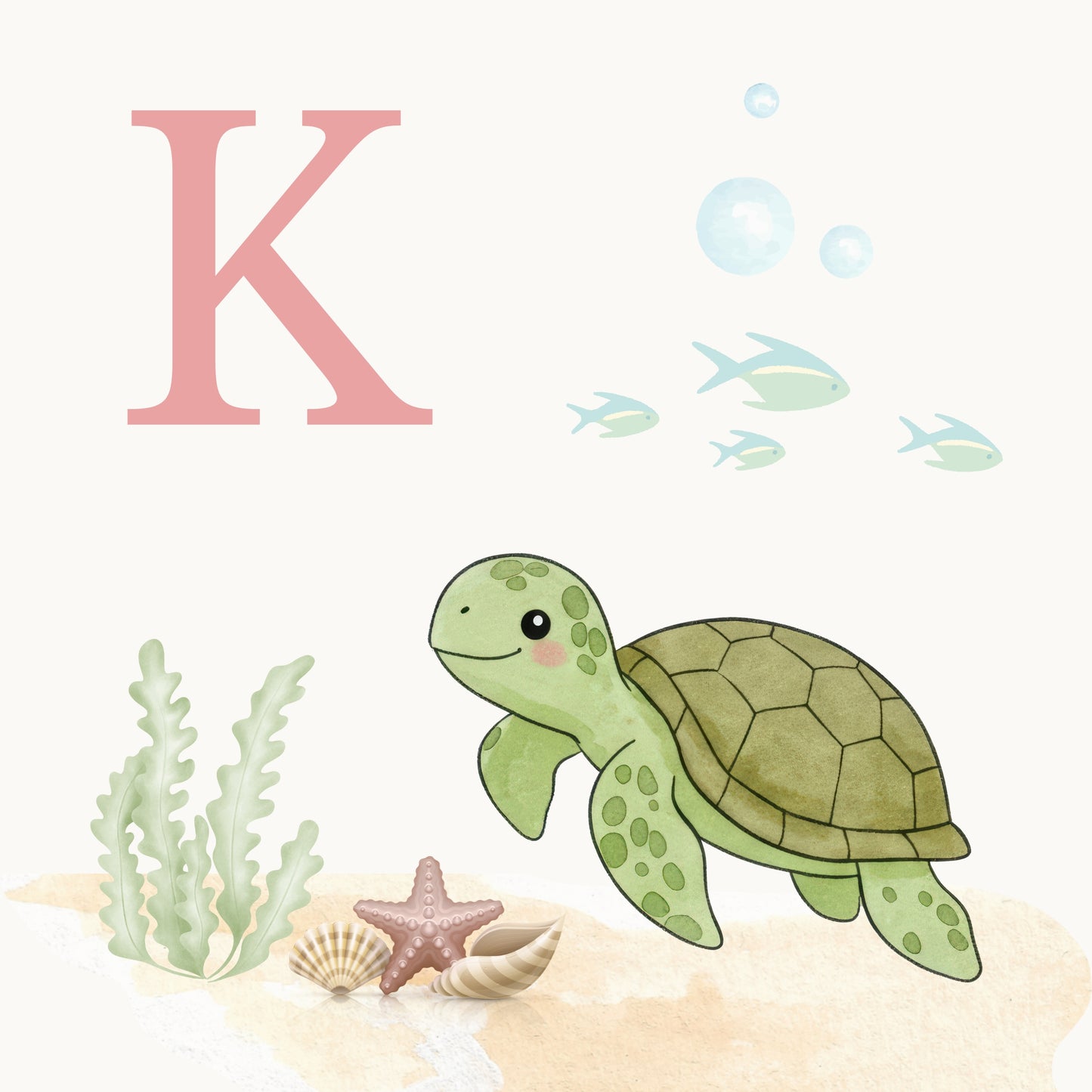 Sea Turtle Coastal Alphabet Printable Art - Pink