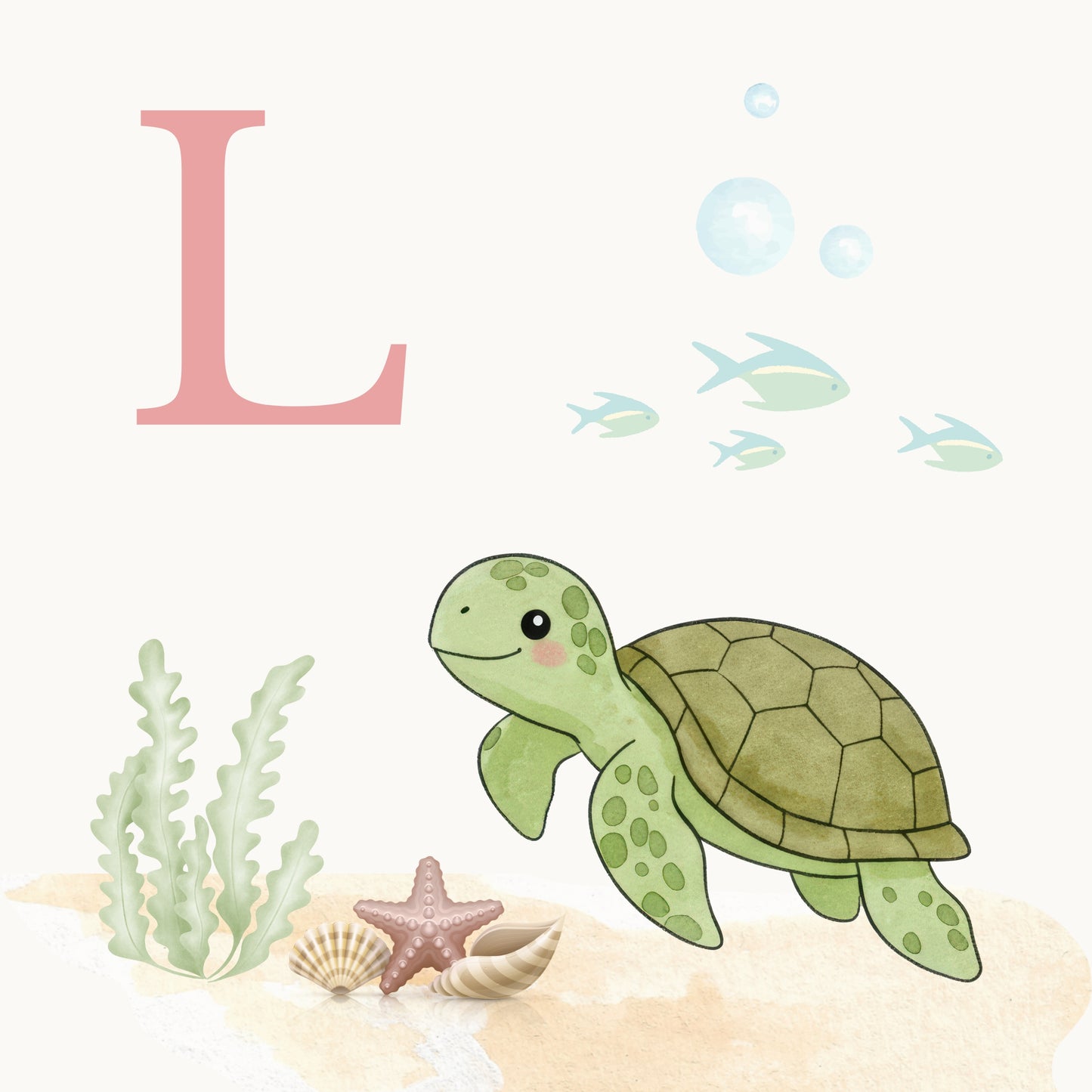 Sea Turtle Coastal Alphabet Printable Art - Pink