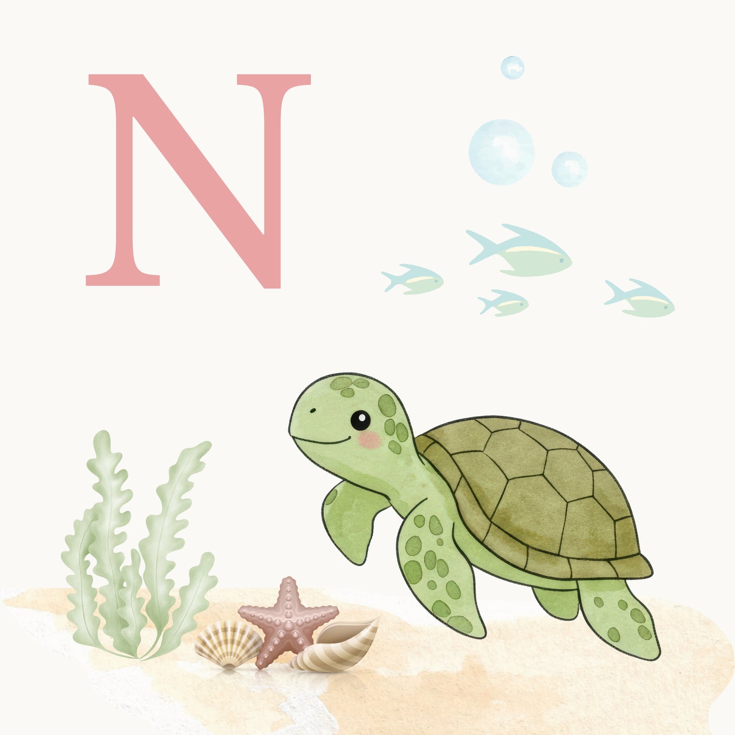Sea Turtle Coastal Alphabet Printable Art - Pink