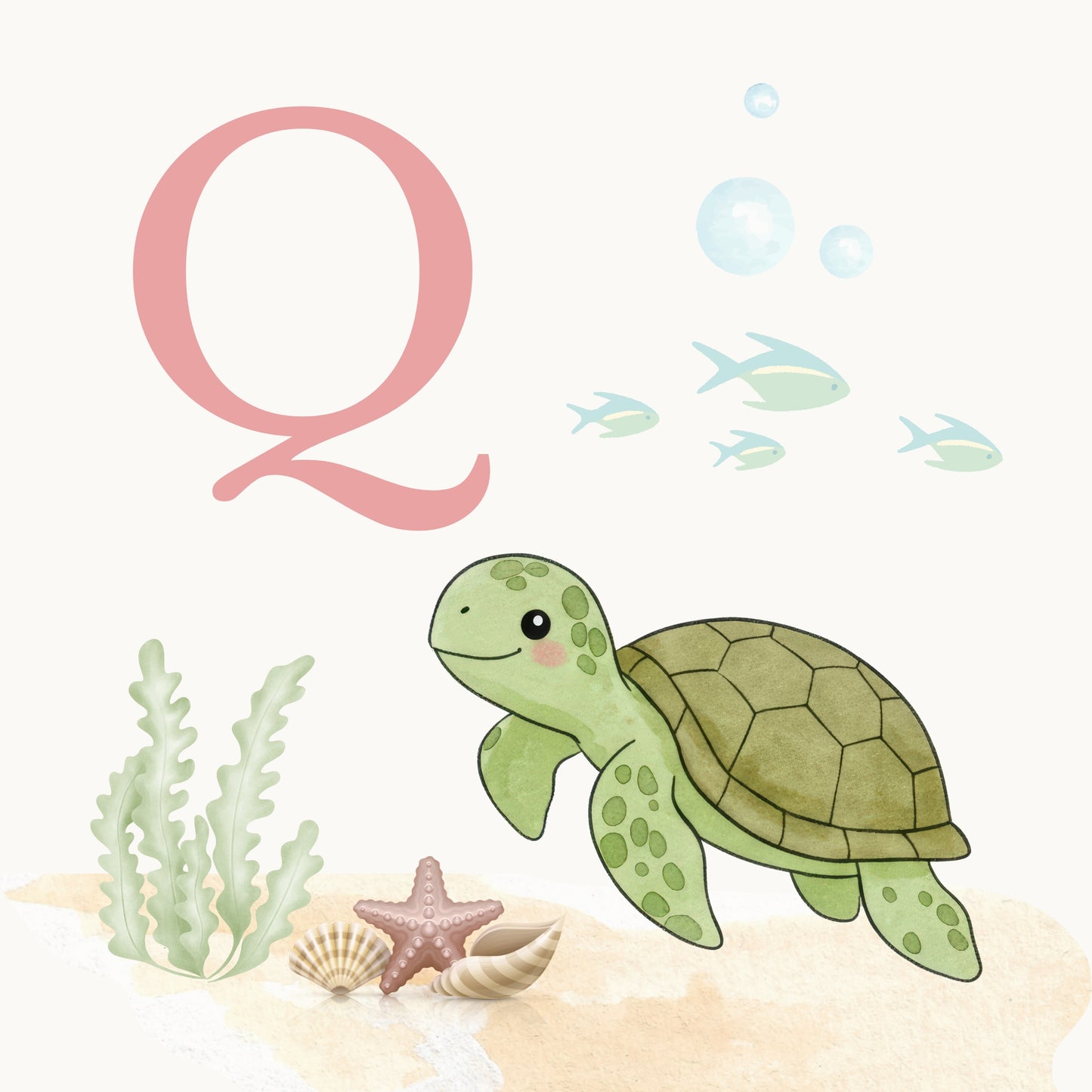 Sea Turtle Coastal Alphabet Printable Art - Pink