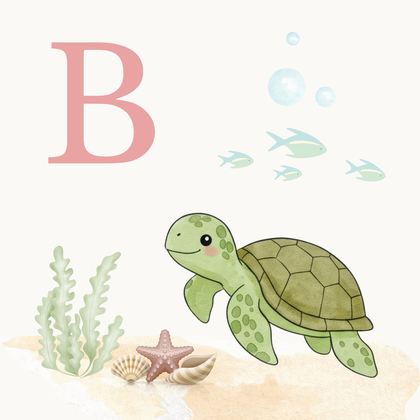 Sea Turtle Coastal Alphabet Printable Art - Pink