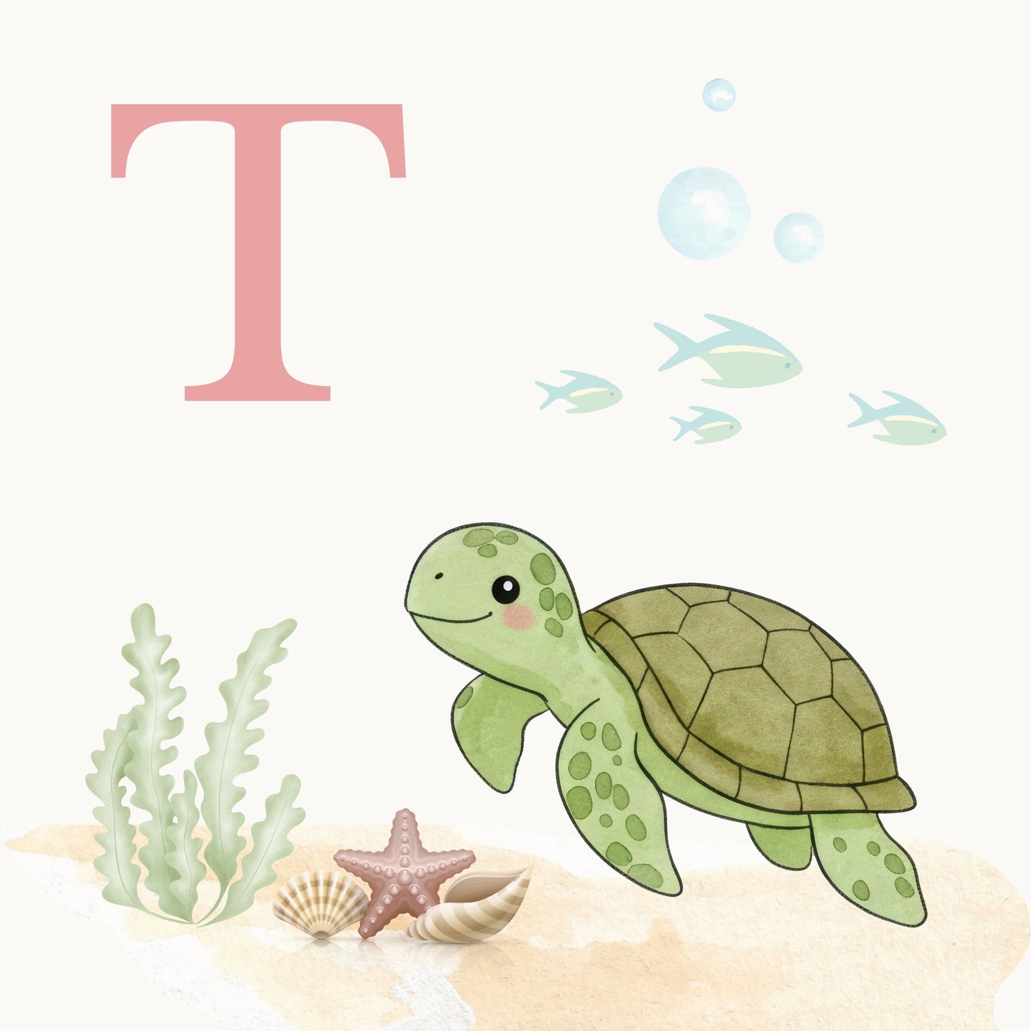 Sea Turtle Coastal Alphabet Printable Art - Pink