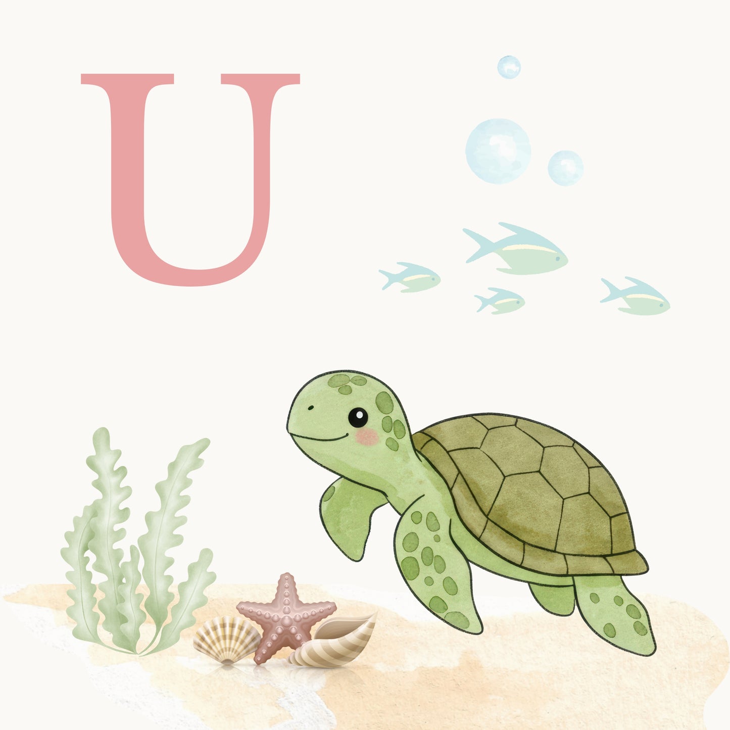 Sea Turtle Coastal Alphabet Printable Art - Pink