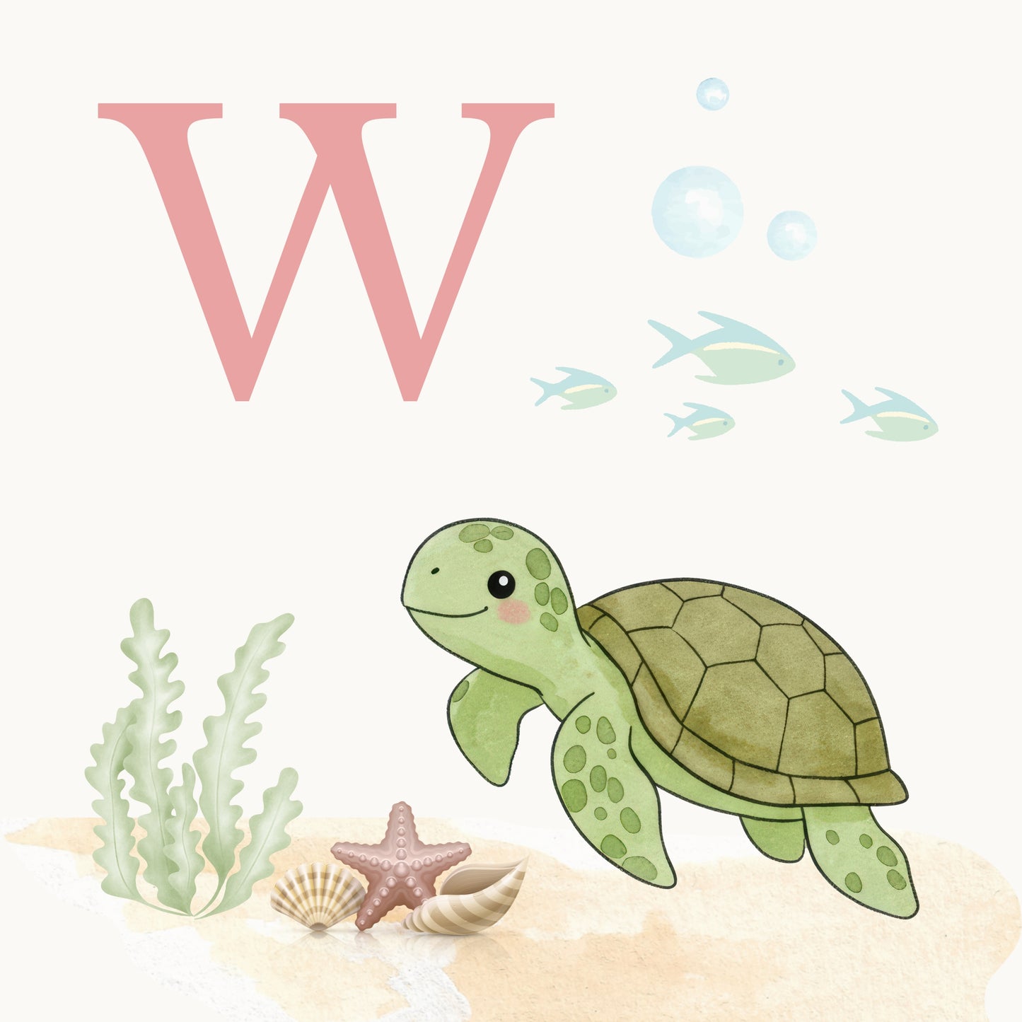 Sea Turtle Coastal Alphabet Printable Art - Pink