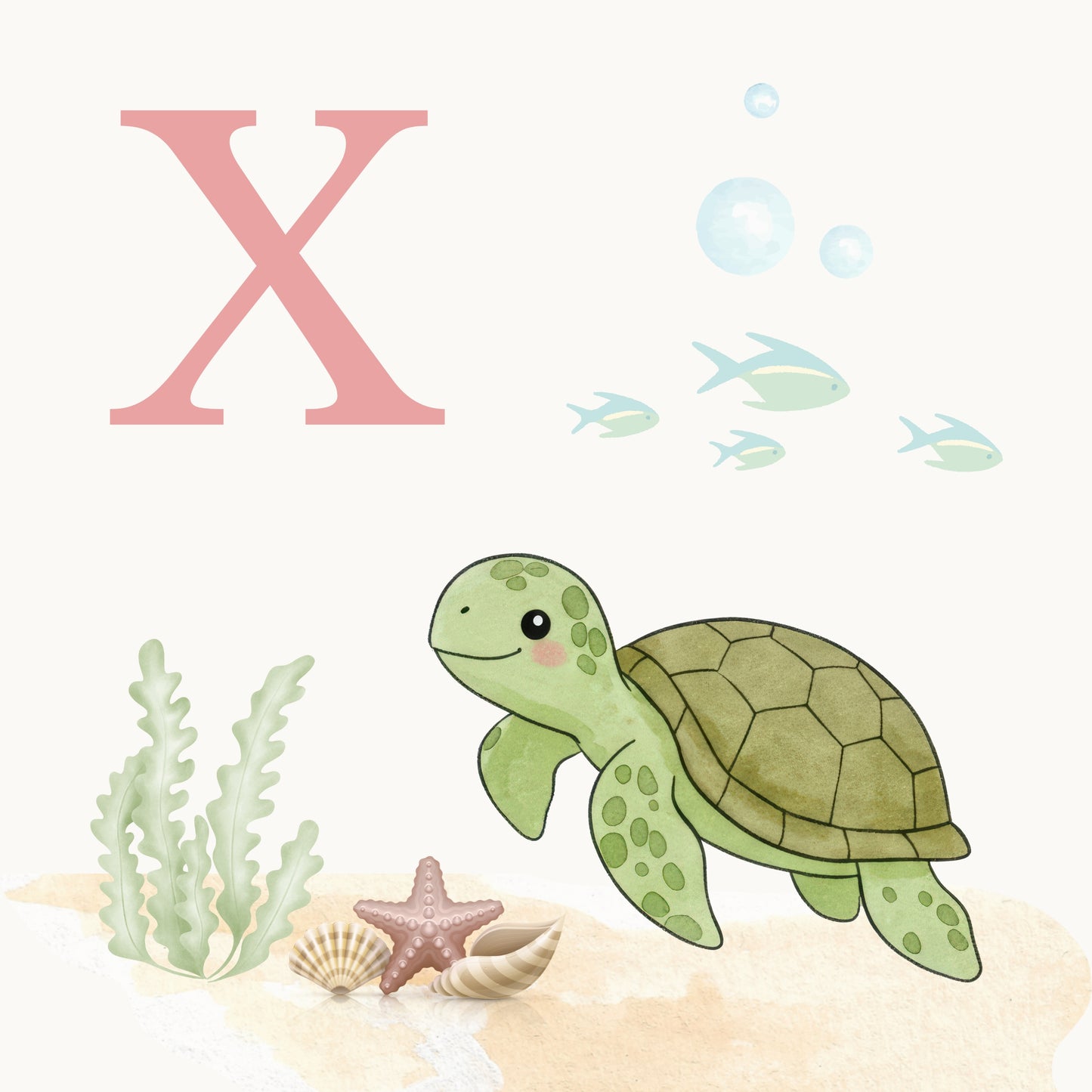 Sea Turtle Coastal Alphabet Printable Art - Pink