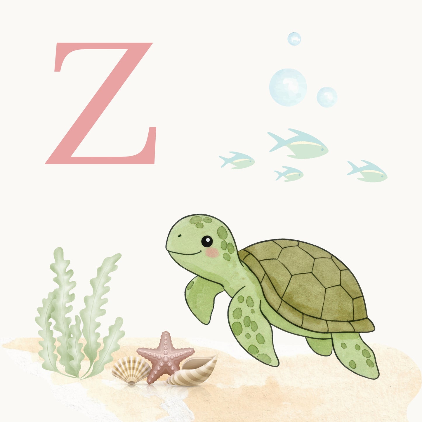 Sea Turtle Coastal Alphabet Printable Art - Pink