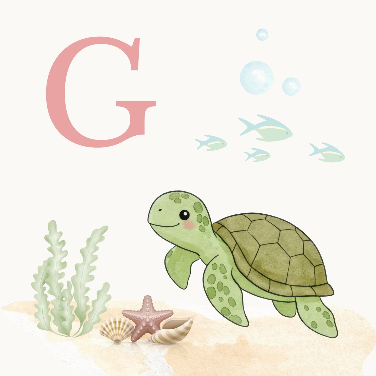 Sea Turtle Coastal Alphabet Printable Art - Pink