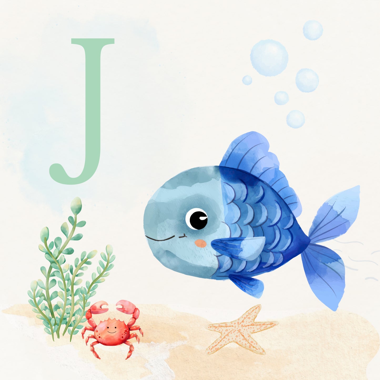 Tropical Fish Coastal Alphabet Printable Art - Green
