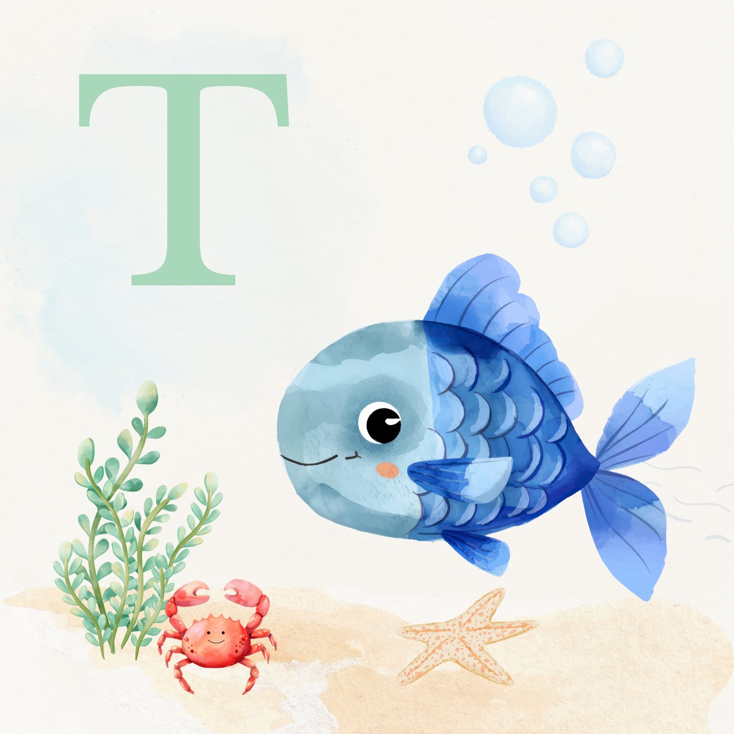 Tropical Fish Coastal Alphabet Printable Art - Green