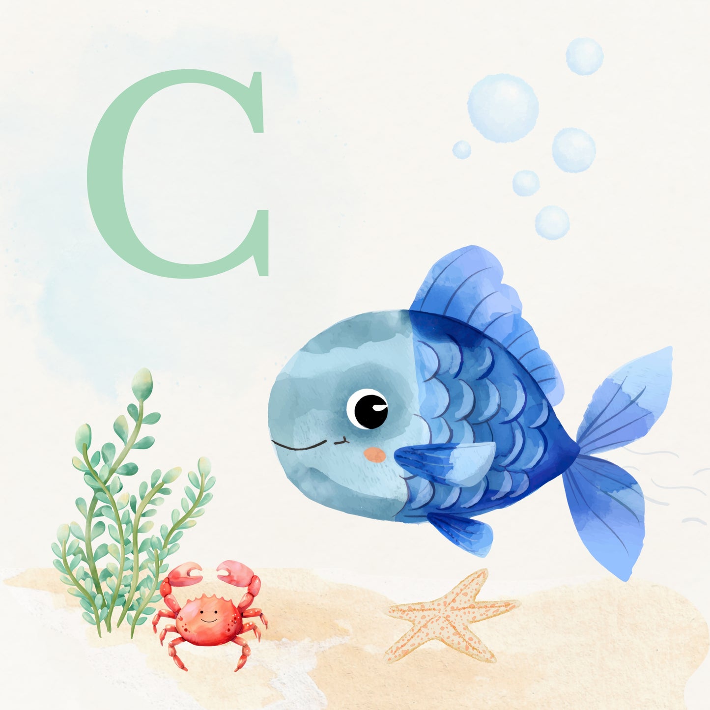 Tropical Fish Coastal Alphabet Printable Art - Green