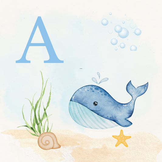 Whale Coastal Alphabet Printable Art - Blue